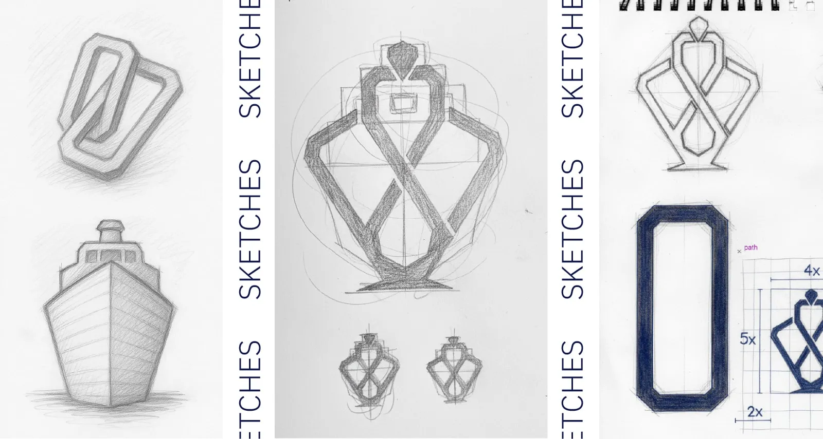 Logo sketches: pencil studies of ship and jewellery forms